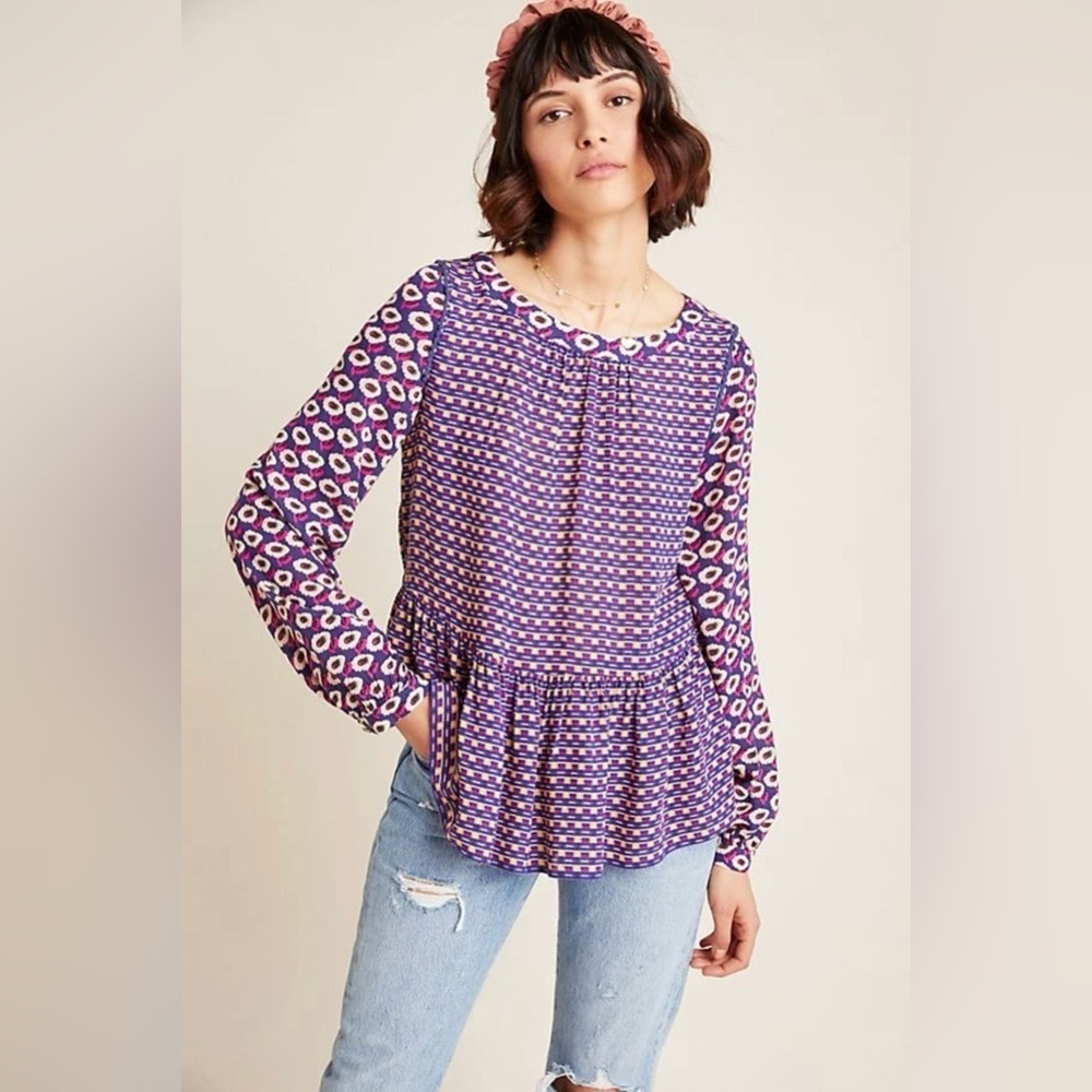 Maeve by Anthropologie Top Colorful Multi Geometric Peplum Cheyenne Blouse Sz XS